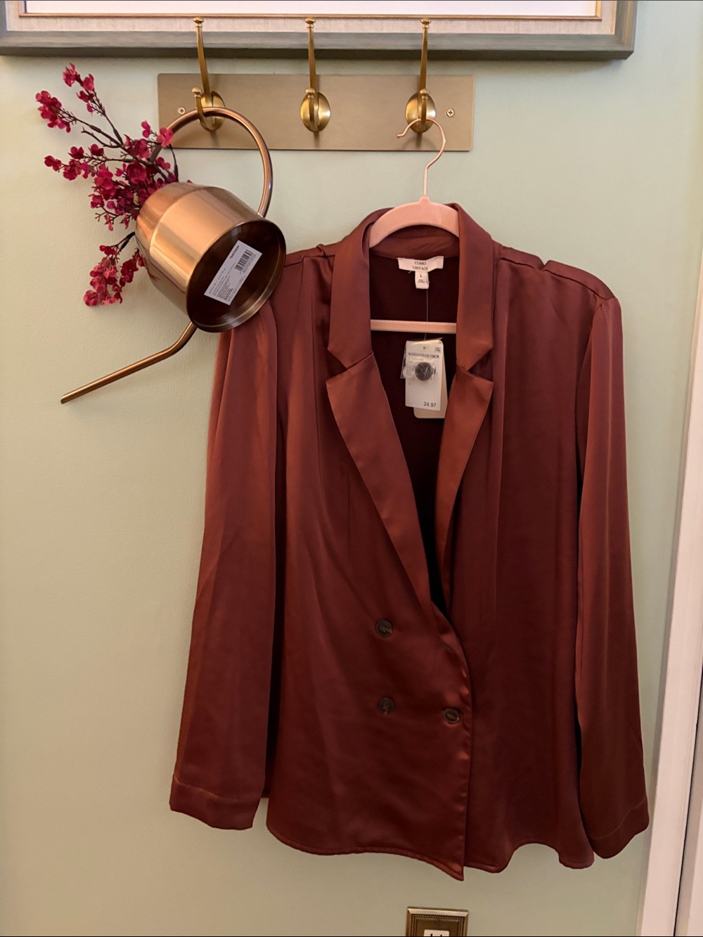 Double-Breasted Satin Blazer in Rust Brown